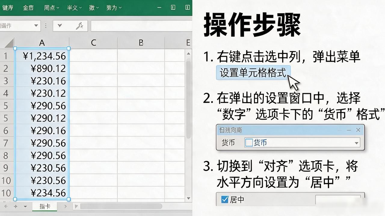 Excel货币格式数字居中设置,金额对齐不再靠右